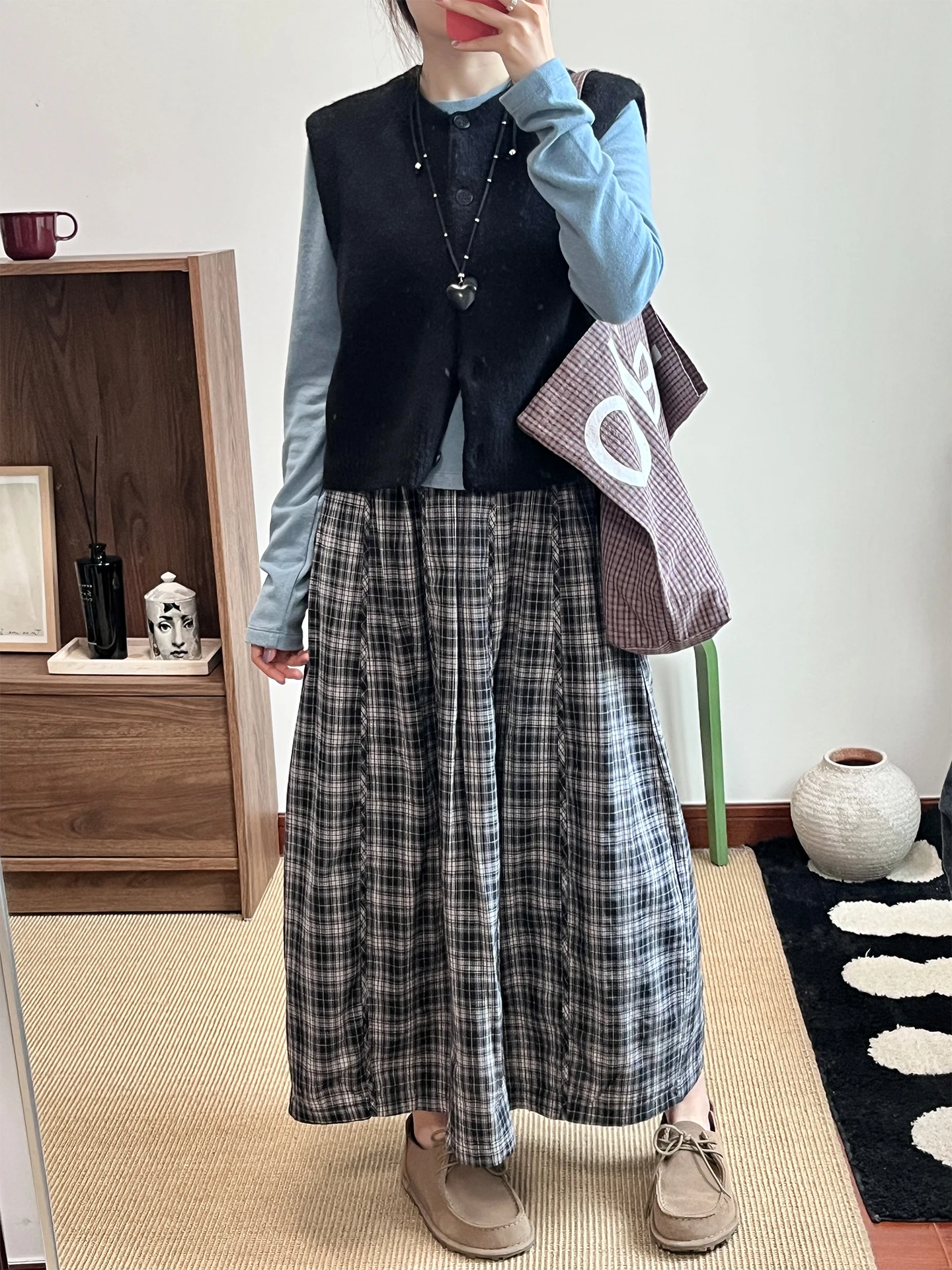Conjunto de Primavera/Verano Wini, Falda Clásica Versátil con Pliegues y Estampado a Cuadros, Cintura Alta, Corte Holgado, Falda con Estampado Floral