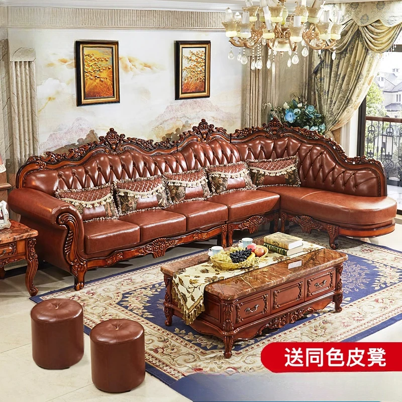 

European leather corner high-end left and right solid wood living room L-shaped combination sofa