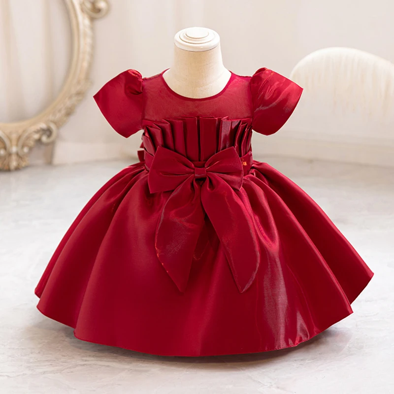 New Solid Color Big Bow Bubble Sleeve Princess Dress for Girls Sweet and Cute Dress for Kindergarten Family Gatherings