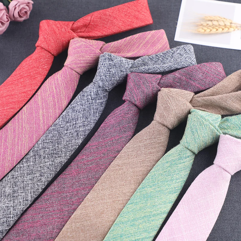 Fashion 6CM Cotton Linen Neckties For Men Women Solid Color Black Green Ties Leisure Business Neckwear Shirt Accessory Cravat