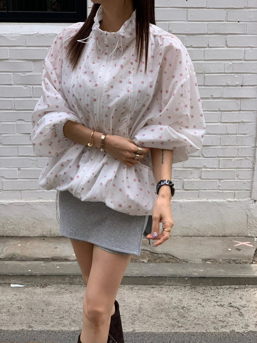 

Floral Print Loose Fit Women's Windbreaker Jaet Thin Model Stand Collar Summer Commute Sle Polyester Fiber Top