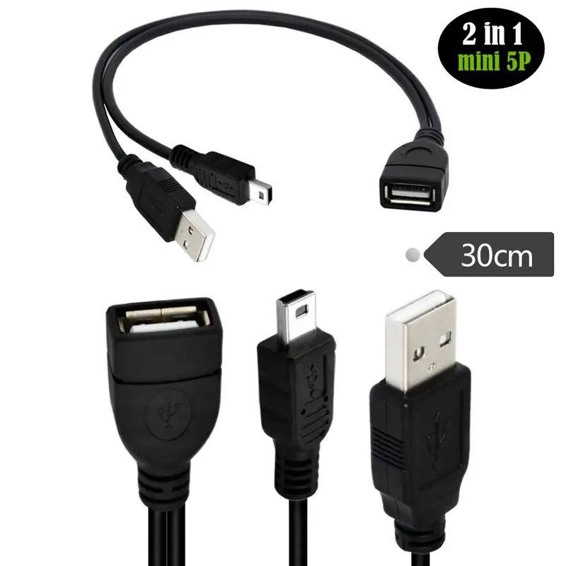 1/2 USB 2.0 A Female to Mini 5P Male+USB A Male Phone Computer MP4 Cable Mini USB OTG Host Data Cable With External Power Supply