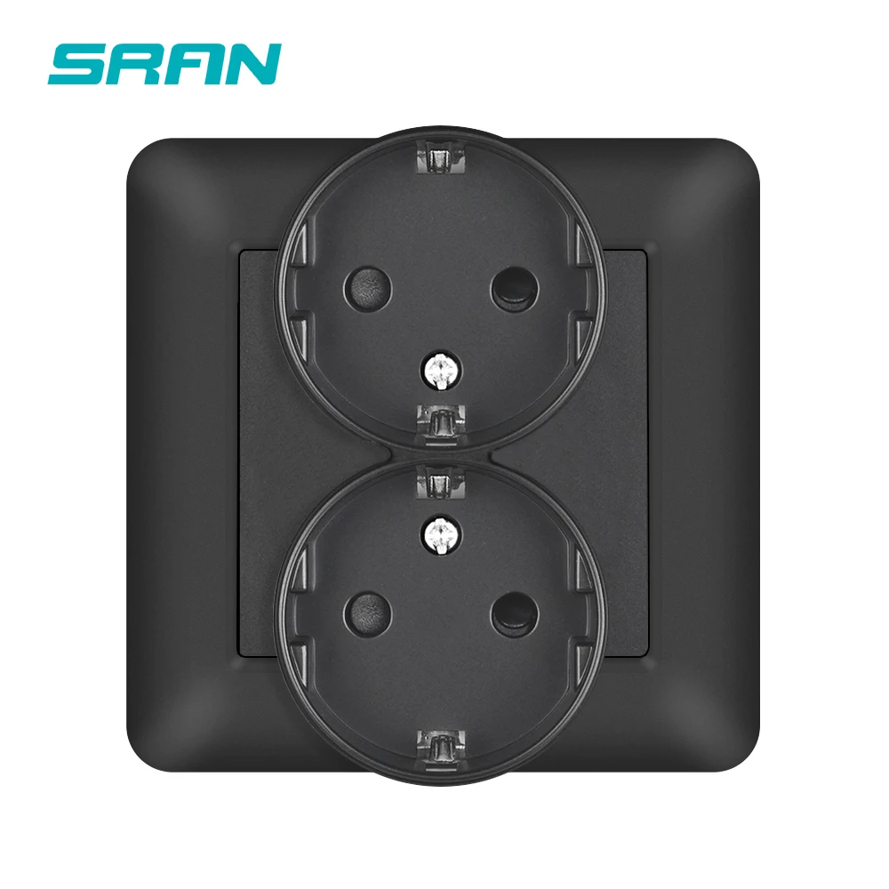 SRAN EU Standard Dual Sockets Wall Electrical Outlets, 82*82mm Flame Retardant Plastic Panel, 16A 250V Power Socket ES RU DE