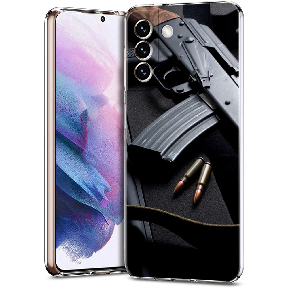 AK47 Handgun Gun BUllets Transparent Cover for Samsung Galaxy S24 S23 S22 S20 S21 FE Ultra S24 S23 S10 S10E S9 S8 Plus 5G Case