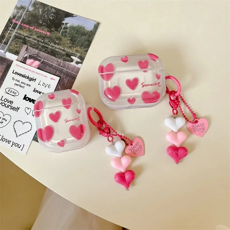 하트 패턴 에어팟 케이스, 에어팟 1, 2, 3 프로, 2 세대 케이스, 펜던트 키체인, 여성