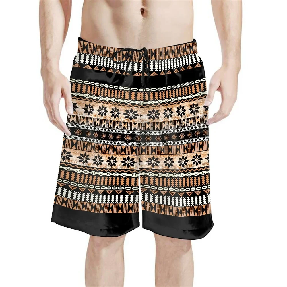 

Fashion Summer Men Beach Shorts Polynesian Tribal Clothing Samoa Fijian Tapa Hawaiian Leaves Print Workout Casual Daily Short