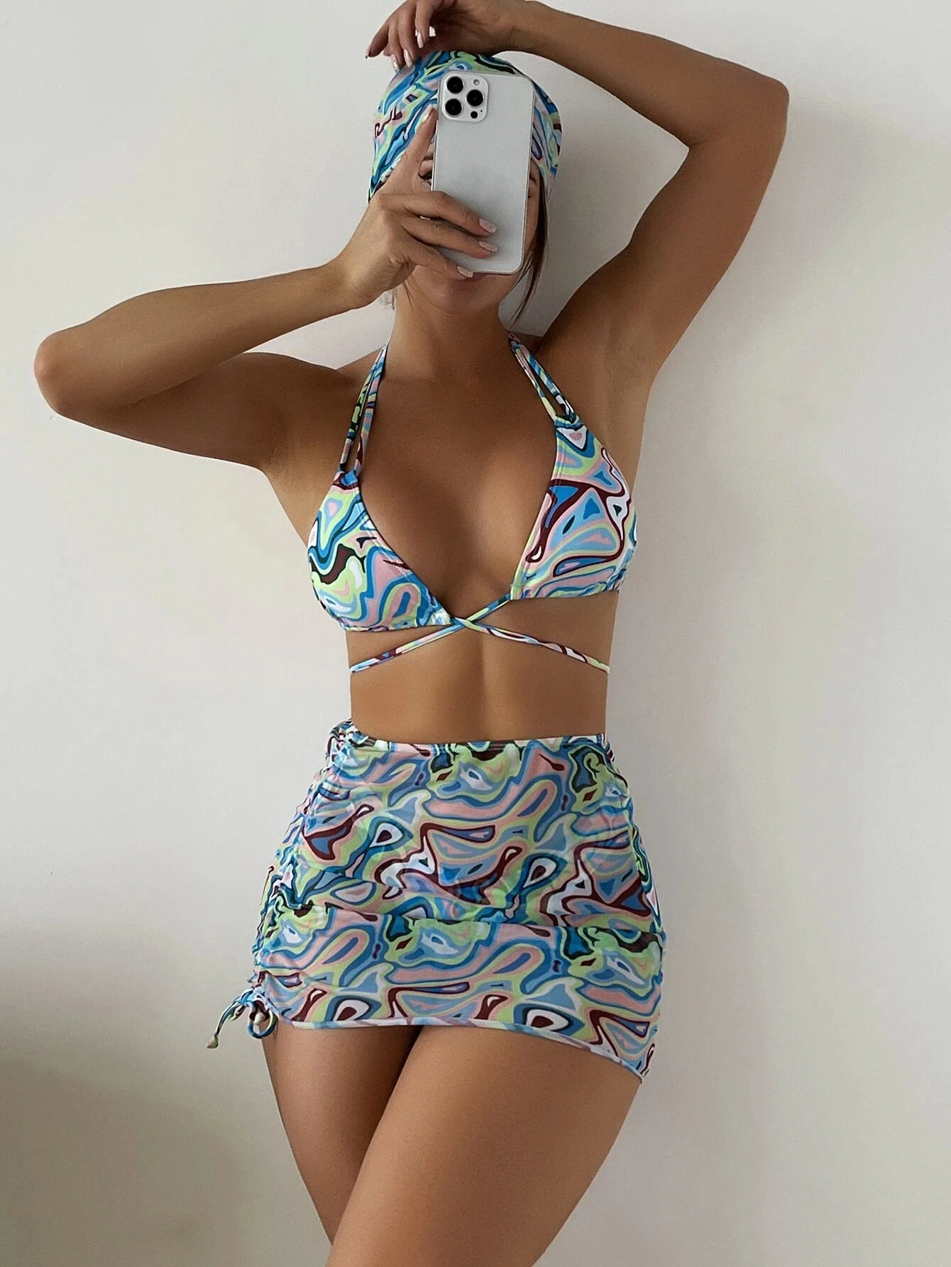 Halter Four Piece Bikini Scarf Skirt Spaghetti Strap Swimsuit Beach Women Swimwear High Waist Female Vintage Bathing Suit