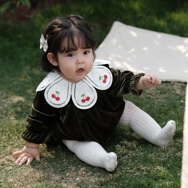 Baby Girls Velvet Romper Out Clothes Autumn and Winter Thick 0-3 Years Old Long-sleeved Cotton Lining Climbing quality Clothes