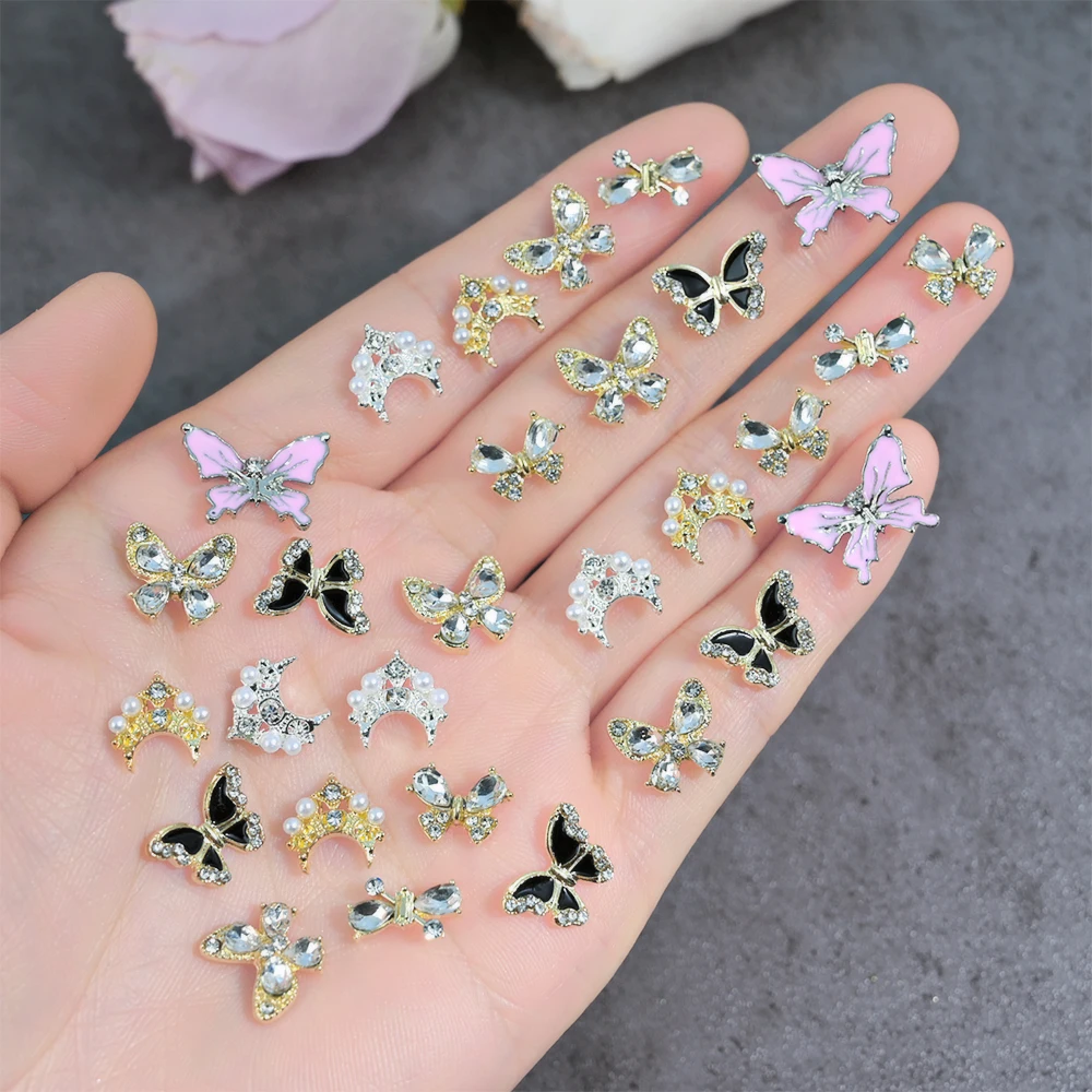 10pcs Luxury Alloy Crown Pearl Nail Charms Sparkly Sliver Metal Crown Nail Art Rhinestones Decoration Nail Design Jewelry Parts