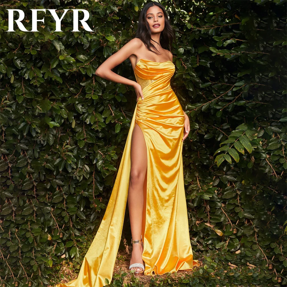 

RFYR Yellow Evening Dress For Party Satin Scoop Sleeveless Pleats Mermaid Prom Gowns Split Train Celebrity Dresses Customized