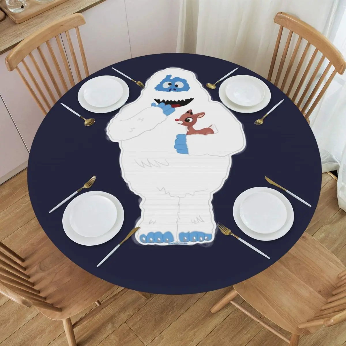 Christmas Abominable Snowman With Rudolph Waterproof Round Tablecloth Oilproof Table Cloth for Kitchen Events Dining Table Cover