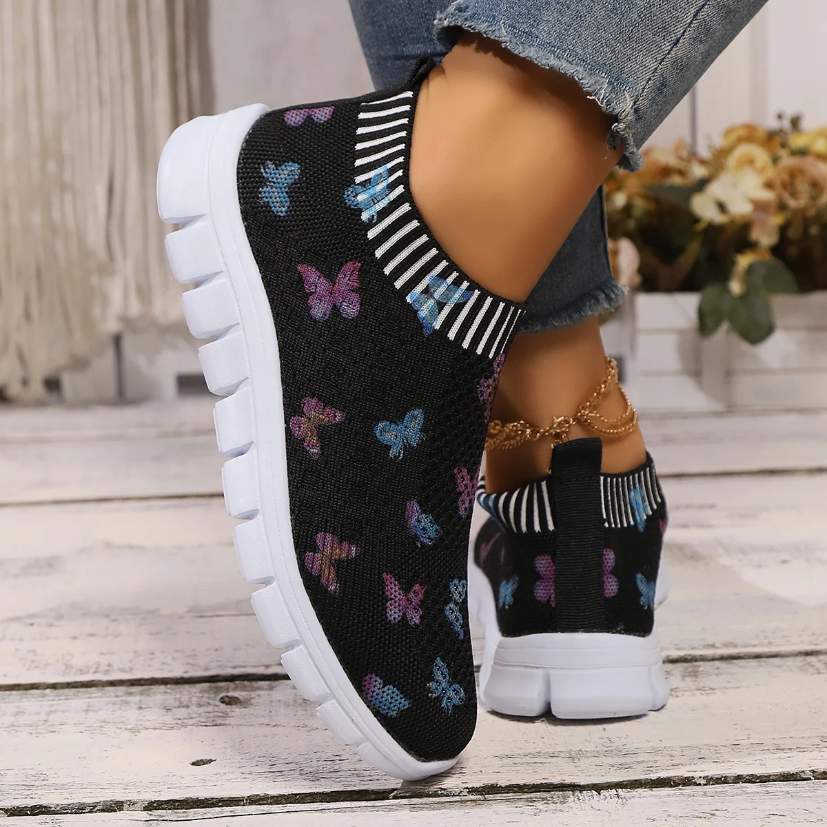 Sneakers Casual lavorate a maglia da donna moda farfalla stampa suola morbida scarpe da corsa donna scarpe da ginnastica piatte traspiranti leggere