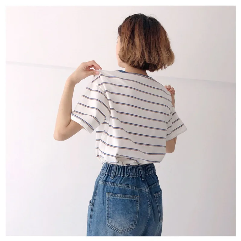 Summer New 2025 Short Sleeve T-Shirt Women Striped Slim Fit Top Women Simple Casual All-match Basic Crop Tops Tees Fashion Cool