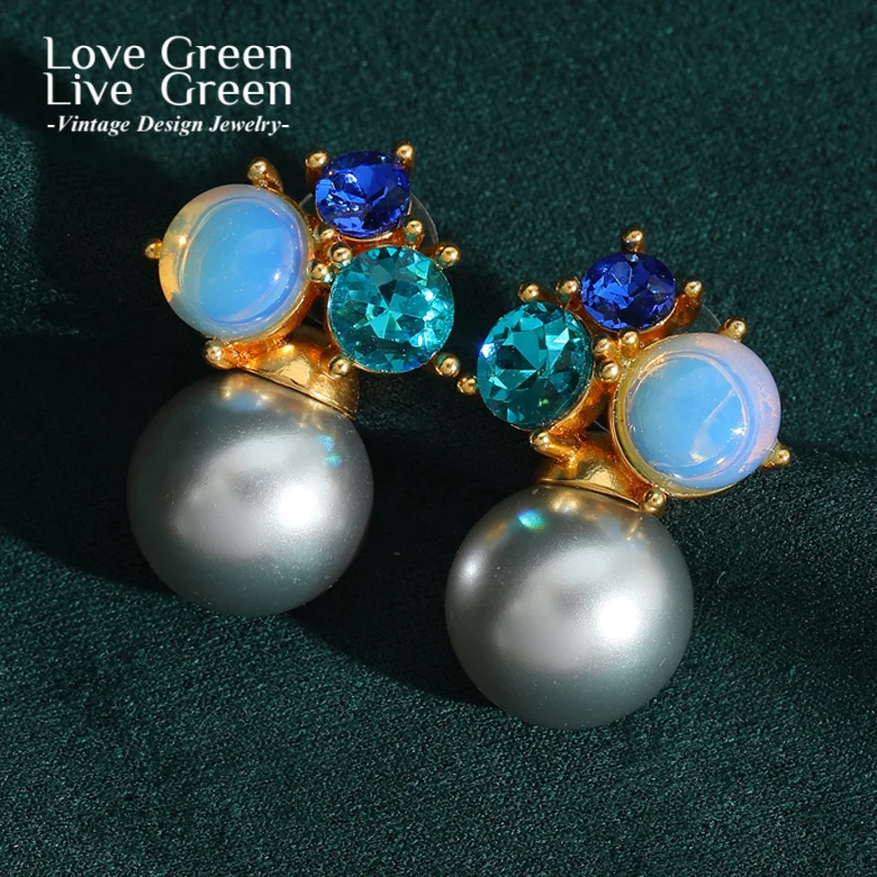 

Vintage Moonlight Opal Stud Pearl Earring 2025 Gold Color Rhinestone Jewelry For Women Accessories Quality Luxury Designer Gifts
