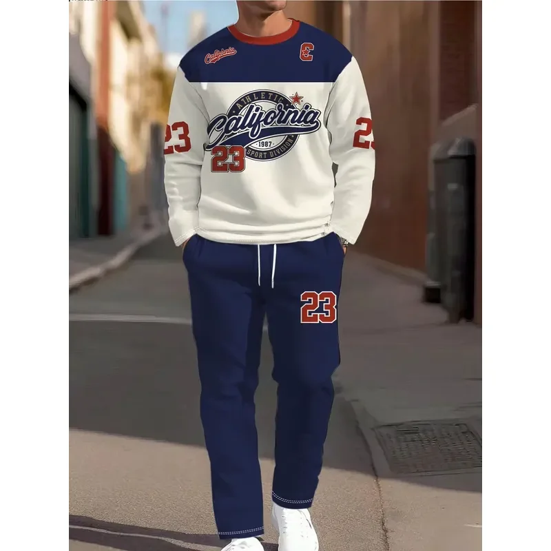 Men Round Neck Sweater Set 3D Letter Pattern Printed Casual Easy Matching Autumn Winter New Style Fashion Top and Pants Clothing