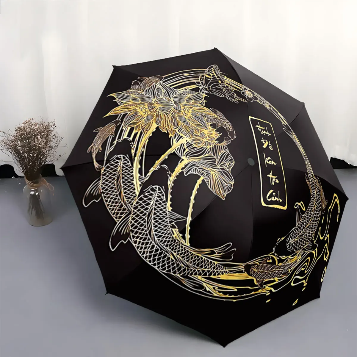 Golden Koi Fish and Lotus Art Circle on Black Background portable waterproof sun rain umbrella for outdoor travel beach