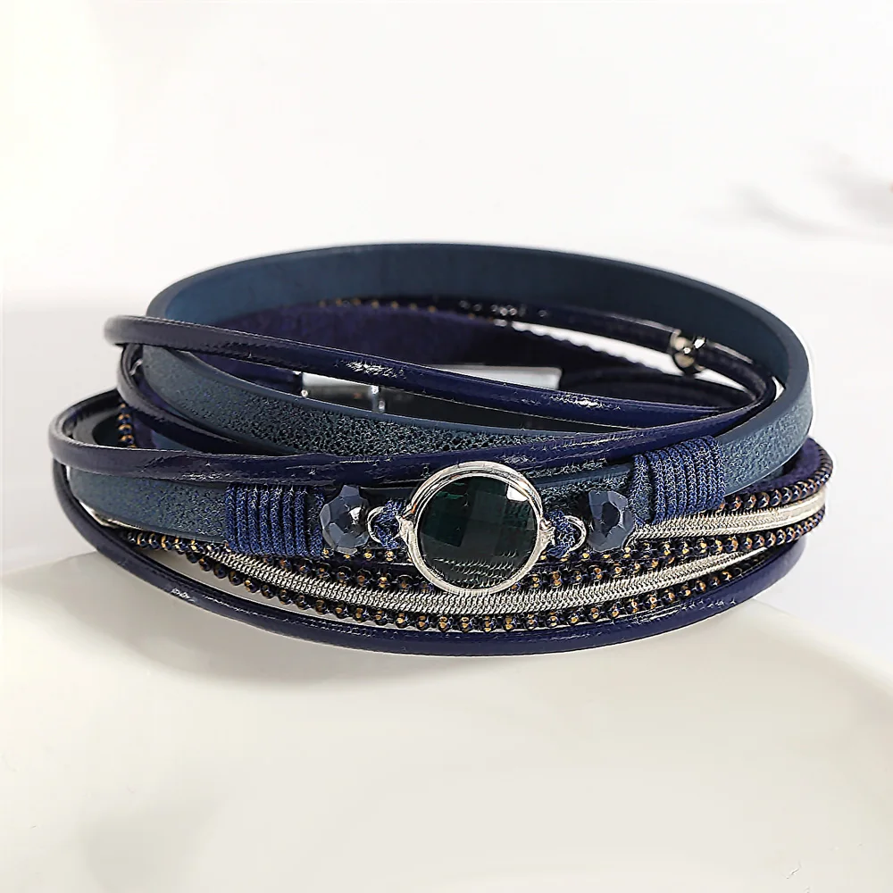 ALLYES Vintage kryształowa koralik skórzana bransoletka dla kobiet mężczyzn Boho wielowarstwowe długie łańcuszki Wrap bransoletki i Bangles Party biżuteria — zdjęcie 3