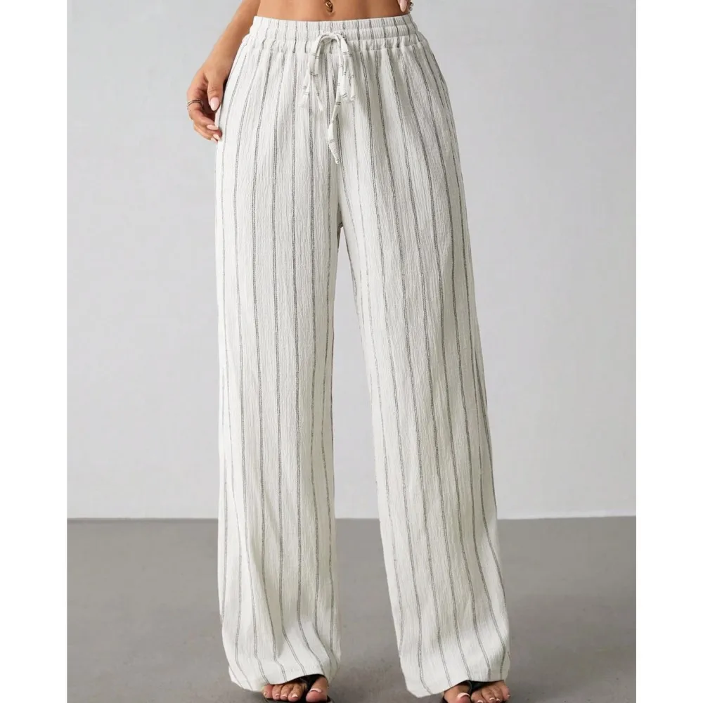 Spring Autumn New Women Fashion Striped Wide Leg Pants Casual Elastic Waist Thin Belt Female Versatile Vacation Daily Pants 2026
