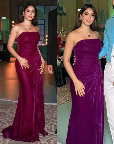 OIMG Simple Purple Strapless Mermaid Prom Gowns Backless Party Gown Velvet Floor Length Evening Dress 2026 Customized image 2