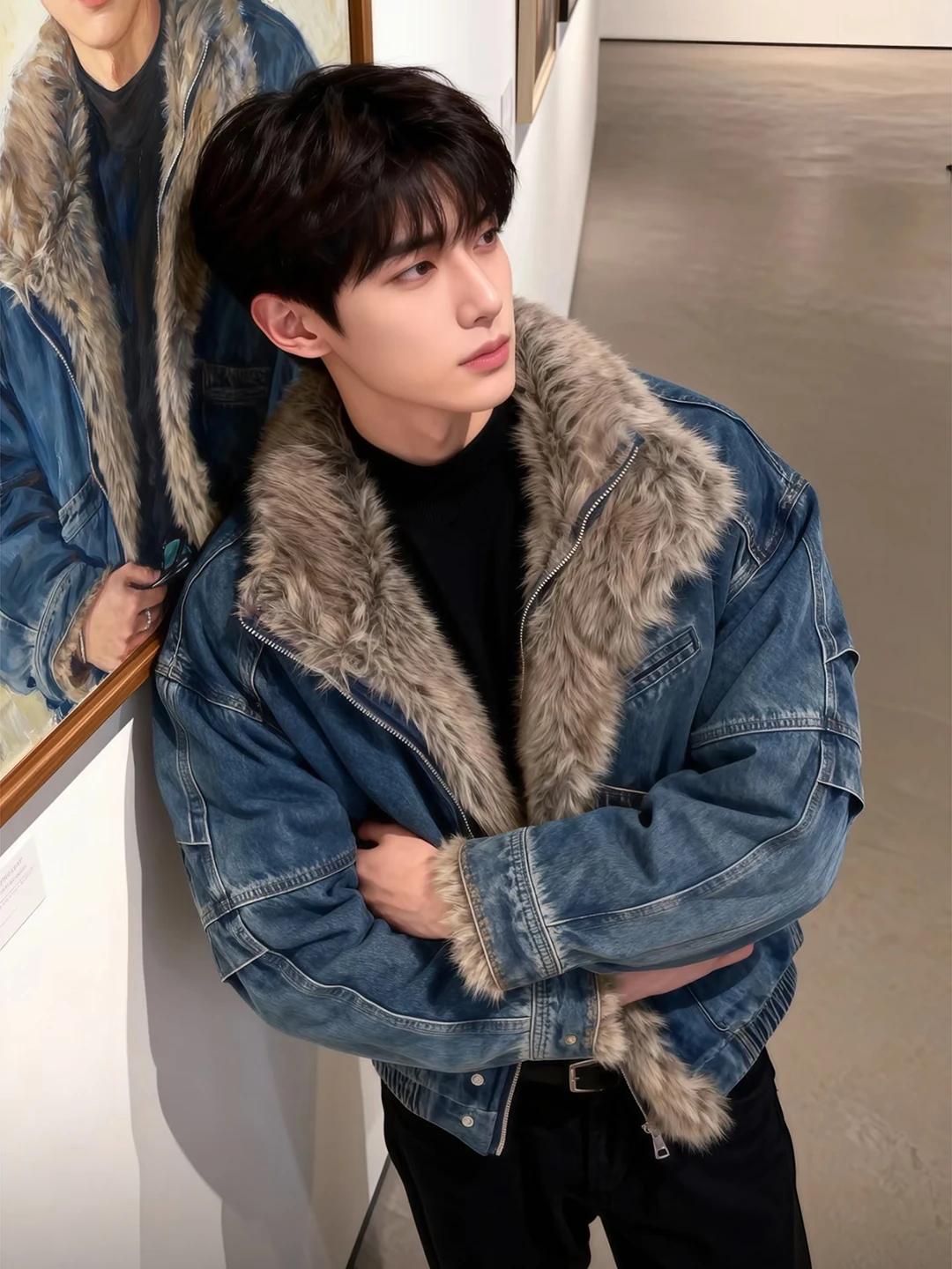 

American Style Thickened Winter Cotton Jacket Men's Short Workwear Coat Warmth Fur Collar Mountain Eagle Design Casual Wear