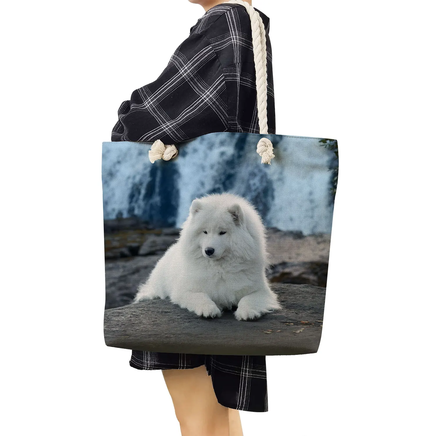 Travel Beach Bags White Dog Graphic Thick Rope High Capacity Women Casual Cute Samoye Print Handbags Shoulder Bags Shopping Tote