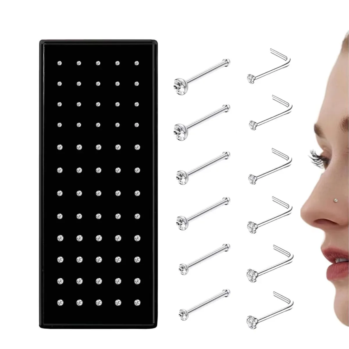60pcs/120pcs Straight L Shaped Stainless Steel Cubic Zirconia Nose Studs Rings Piercing Pin Body Jewelry 20G 1.5mm 2mm 2.5mm