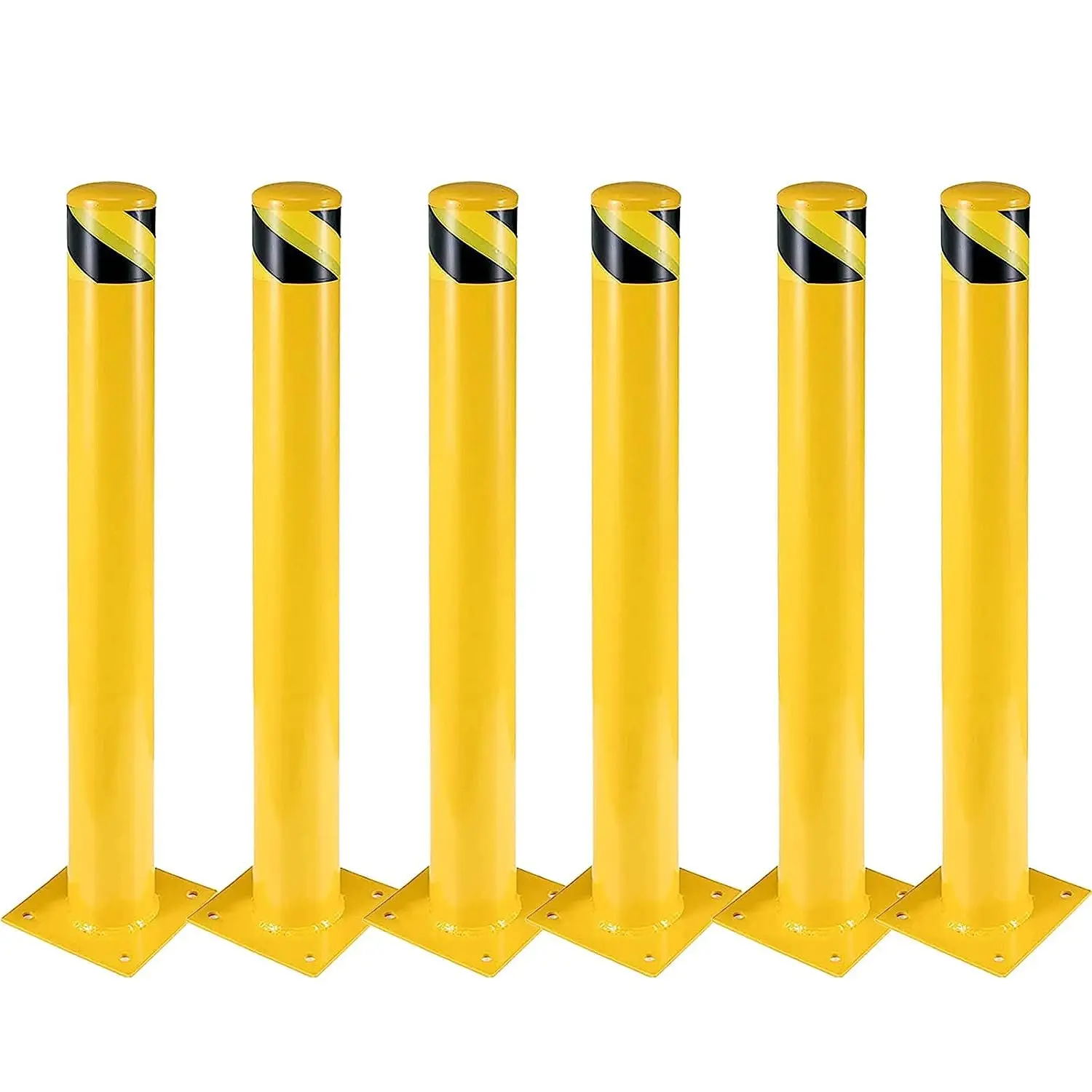 6 Packs 36 Inch Height Bollard Post, 4.5 Inch Diameter, Yellow Safety Steel Bollard Post, With 8 Anchor Bolts