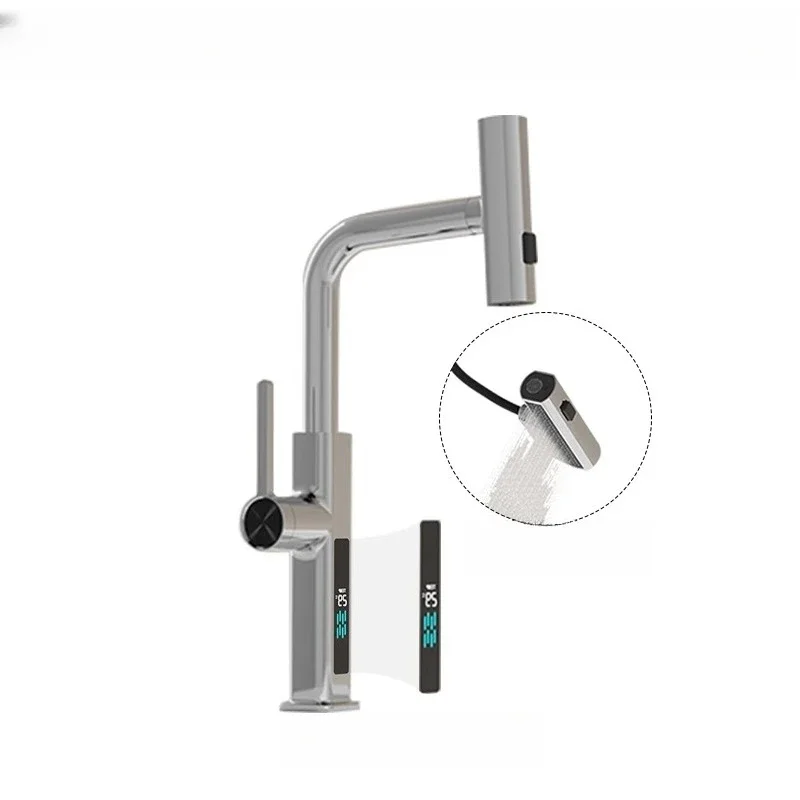 All-copper faucet pull-out type hot and cold multi-functional three-in-one household telescopic dishwasher vegetable washbasin
