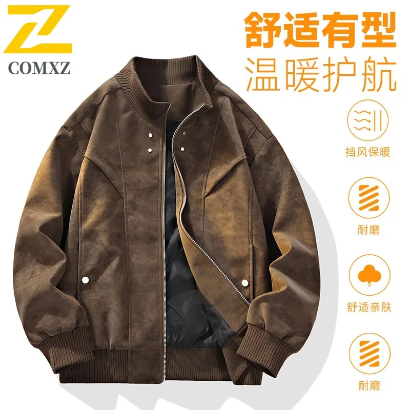 

COMXZ Men New Spring Autumn Large Size Turn down Collar PU Leather Jacket Corduroy Loose Fit Outdoor Waterproof Windproof Jacket