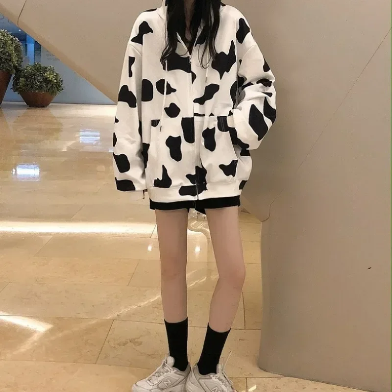 

Harajuku Y2k Oversize Zipper Cow Hoodies Milk Korean Fashion Kpop Streetwear Zip Up Hooded Sweatshirt Women Autumn New