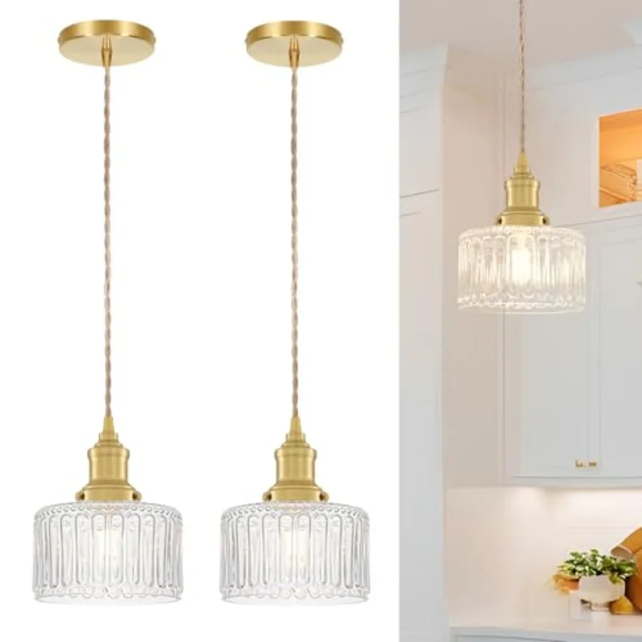 Vintage Pendant Light Set of 2 Brushed Pendant Lights Kitchen Island with Clear Glass Brass Kitchen Island Light Adjustable Han