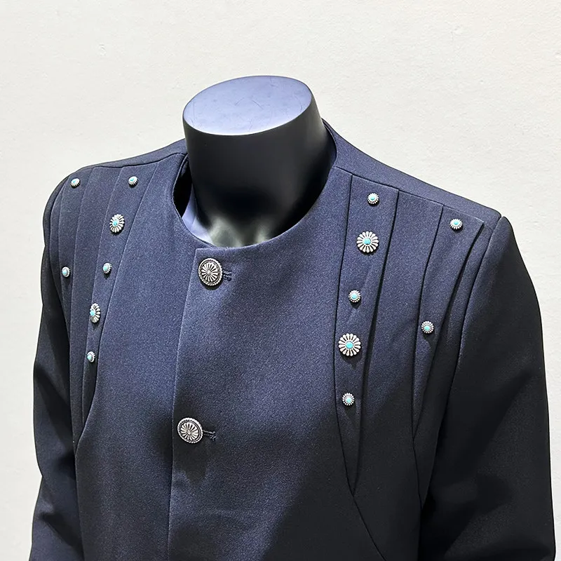 Men's Padded Round Neck Jacket with Color Stud Details and Short Fit for Retro Streetwear and Weekend Music Events