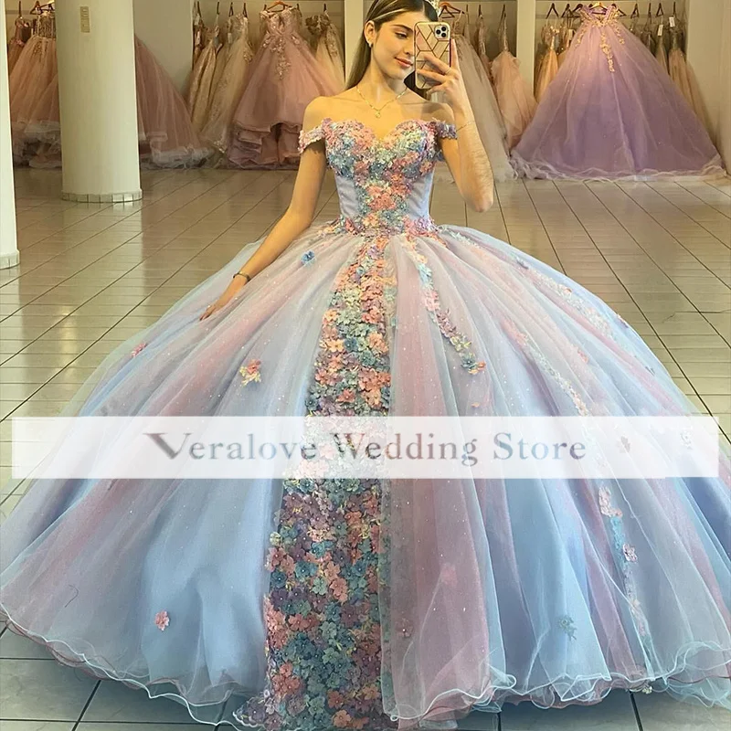 Vestido quinceanera de flores artesanais para meninas, fora do ombro, céu azul claro, festa de formatura, 2020