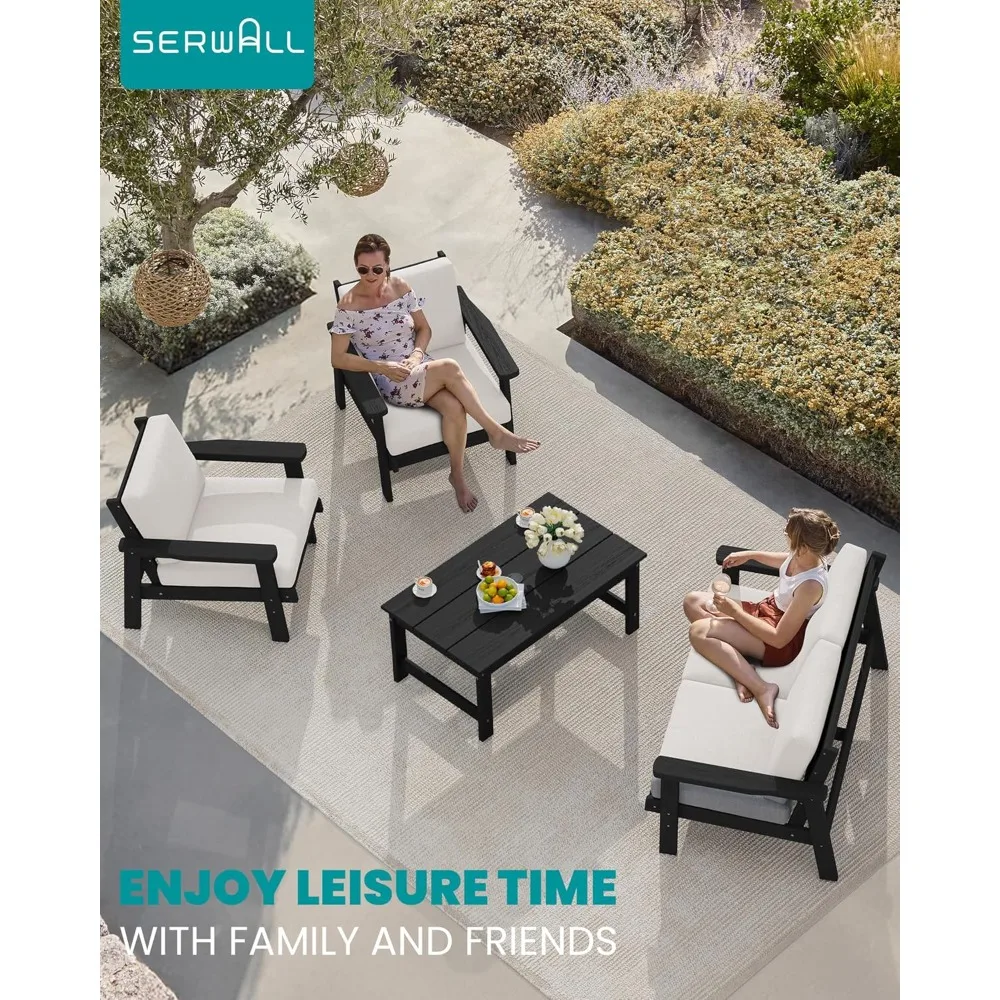 

Customized All-Weather Imitation Wood HDPE Outdoor Furniture Black Frame With Khaki Soft Cushions