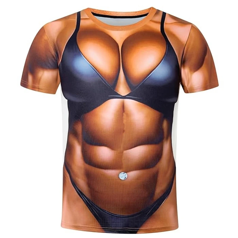 

3D Print Fake Musle Graphic T Shirt Causal Funny Ugly Men T-shirts Harajuku Y2k Round Neck Party Short Sleeve Men Tee Clothing