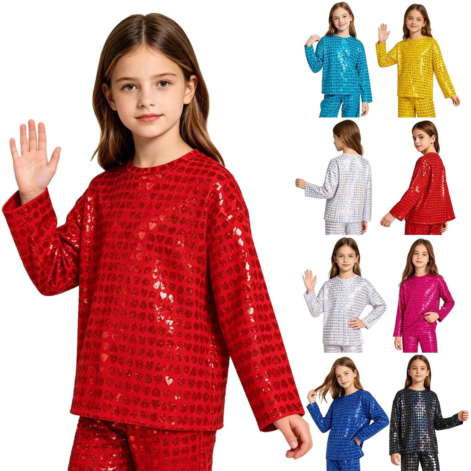 Kids Boys Girls Metallic Heart Printed Tops Long Sleeve Shiny T-shirt for Hip Hop Jazz Dance Stage Performance School Show Party