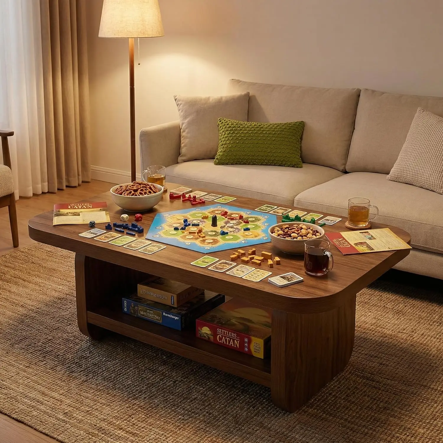 

Wooden Coffee Table, 47.2" Center Table with Storage, Modern Farmhouse Rectangle Living Room Tables with Rounded, Customized