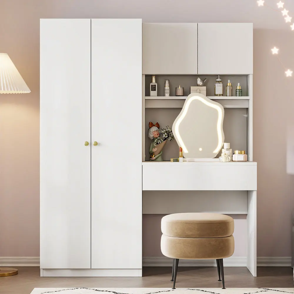 

White 2-Door Wooden Vanity Wardrobe with Makeup Mirror And Drawers for Bedroom Storage