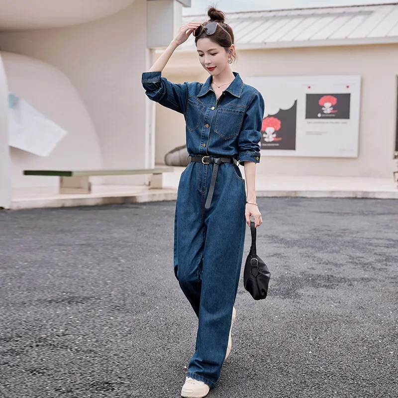 Women Denim Jumpsuits Autumn One-piece Pants Jeans Casual Waist Slimming Wide Leg Pants High Waist Belt Loose Pocket Long Sleeve