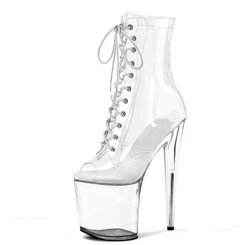 17-20cm sexy sky-hating high pole dancing heels with lace-up transparent waterproof platform runway low boots