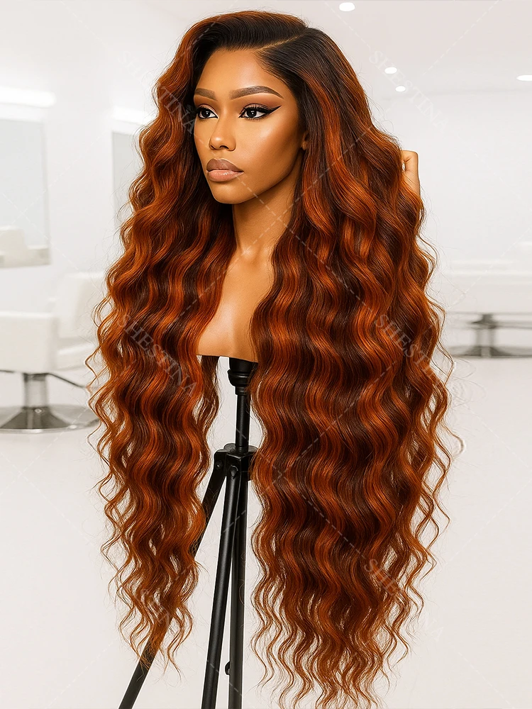 

#4/350 Highlight Ombre Lace Front Wig 5x5 HD Lace Front Wigs Human Hair 200% Density Brown Mix Ginger Body Wave Human Hair Wigs