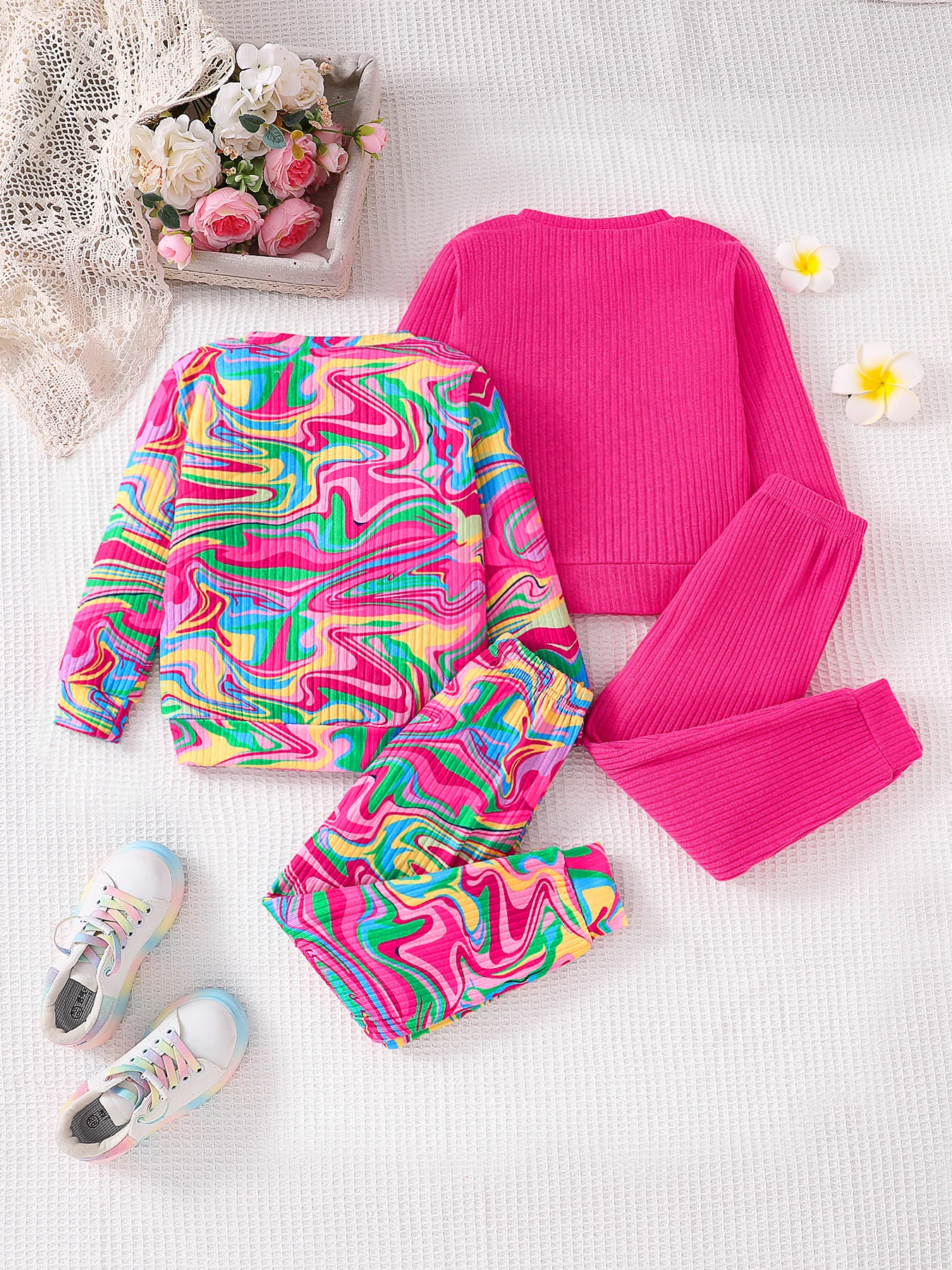 Ensemble de vêtements d'automne pour enfants, col rond tricoté à la mode pour filles, manches longues, pantalon slim confortable, rose, multi, 2 ensembles