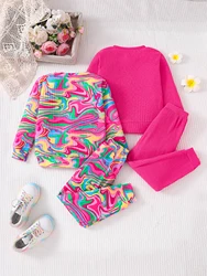 2 sets of autumn children's clothing, fashionable girls' knitted round neck long sleeved+comfortable slim fit pants - pink+multi