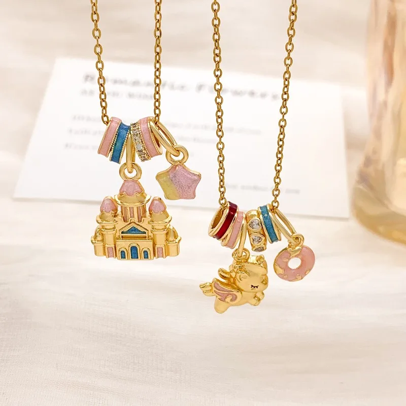 Sweet Colorful Enamel Dripping Wing Pony Castle Pendant Necklace for Woman Girl Funny Childlike Delight Collarbone Chain Jewelry