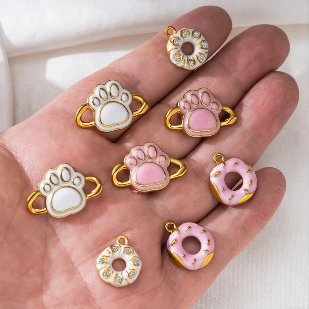 2 Stück/Set Edelstahl Rosa Emaille Pfotenabdruck Donut Anhänger Charms für DIY Armband Schmuckherstellung Zubehör Bastelzubehör – Detail 6