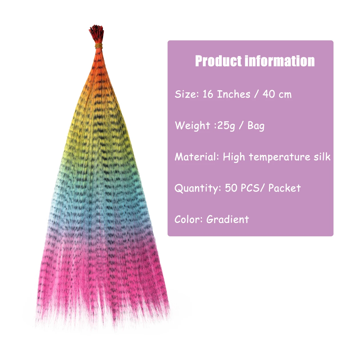 50 Pieces 16Inch Colored Synthetic Hair， Feather Colorful False Extension Mixed Color Straight ， Fashion Party Chistmas New Year