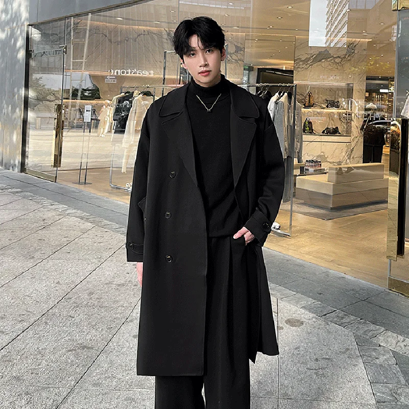 PFNW Korean Style Men's Windbreaker 2024 Autumn Winter Lapel Double Breasted Loose Casual Coat Male Trendy Long Trench 28W5111