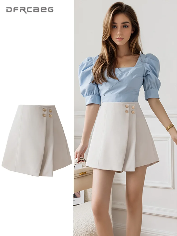 

New Arrivals Summer Irregular Woman Shorts Skirts With Button 2025 High Waist Casual Korean Slim Beige Skirt Short Female