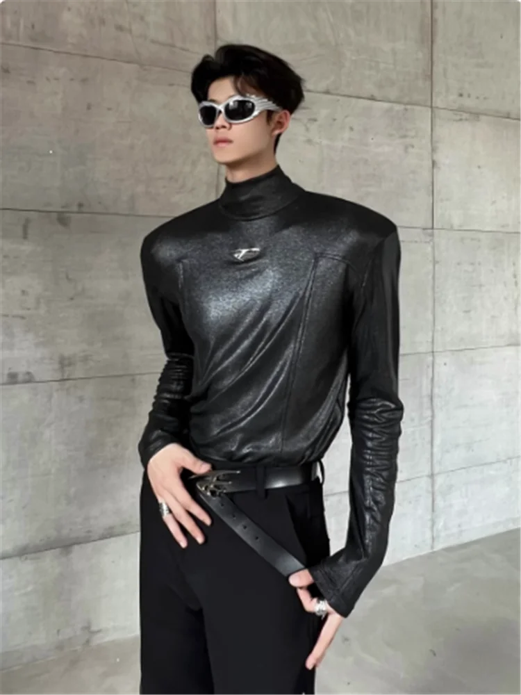 2025 Niche metal design sense half high neck shoulder pad base shirt senior sense bright face with long sleeve T-shirt