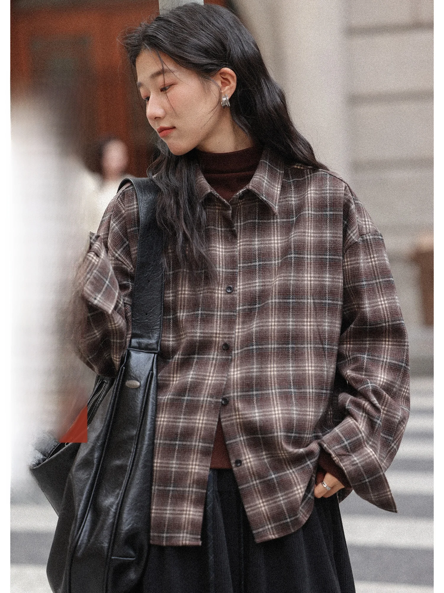 

Ретро-рубашка-жакет в клетку с длинным рукавом, женский свободный топ кофейного цвета, новинка сезона весна-зима, повседневный модный стиль